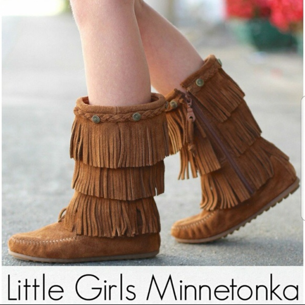 Minnietoka kids 3 layer brown fringe boots